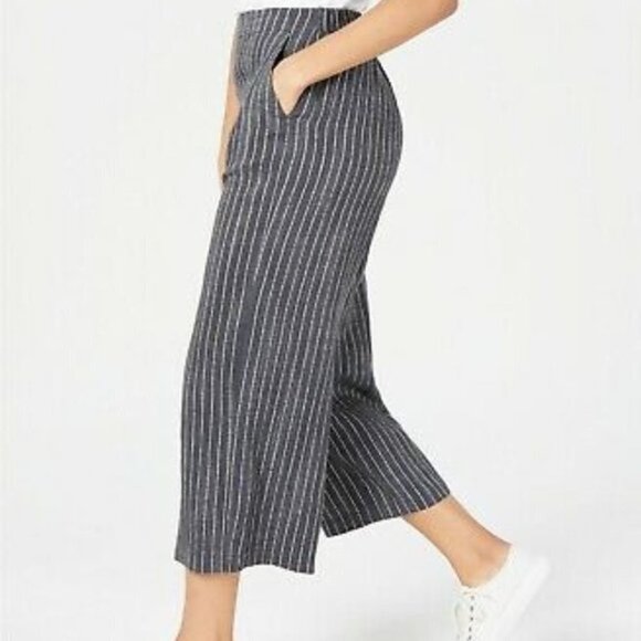 EILEEN FISHER Organic Linen Delave Pinstripe Wide Crop Pants Women's Large - Picture 1 of 10